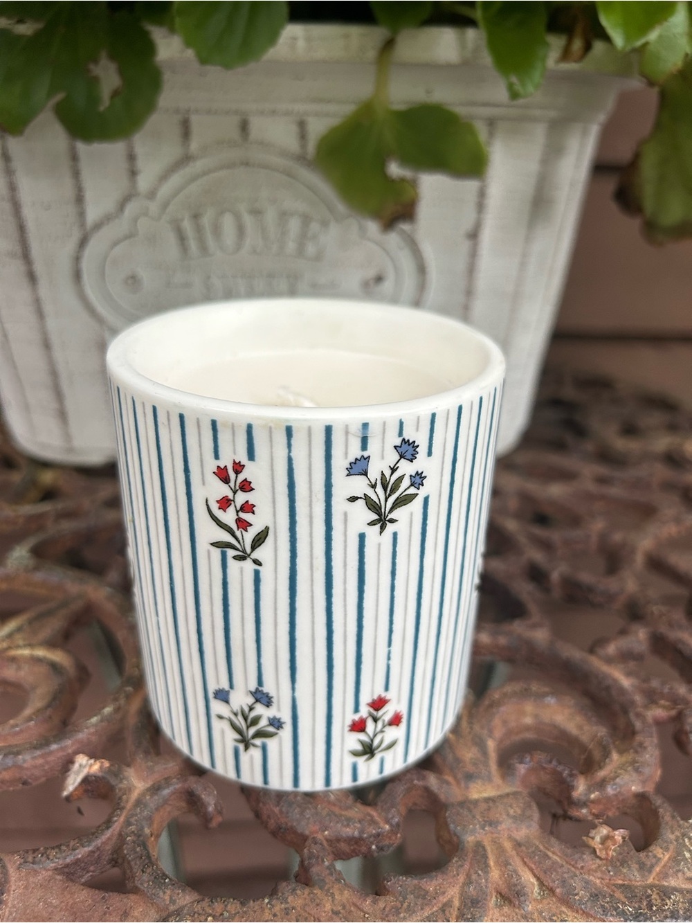 Anthropologie White Ceramic Candle with Blue Stripes and Red Floral Accents